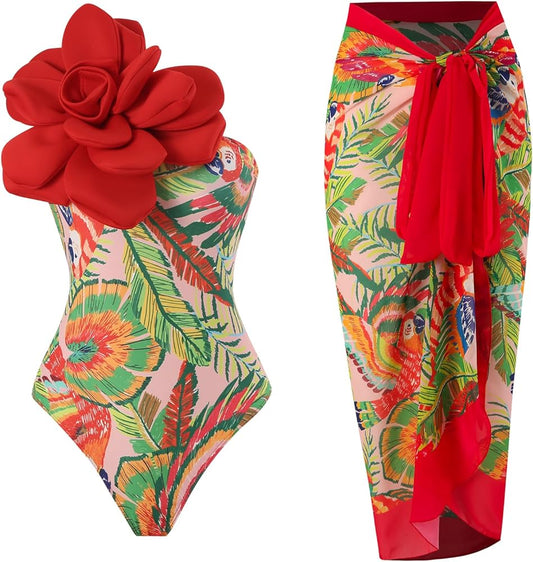 Onyx Pink Floral Flower Statement Swimsuit & Cover-up Set
