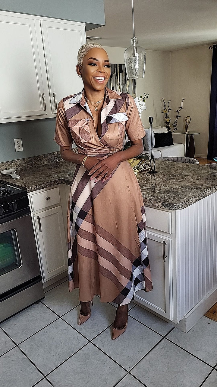Danora Camel Plaid Print Wrap Maxi Dress