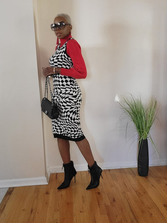 Check Mate Midi Black And White Sweater Dress