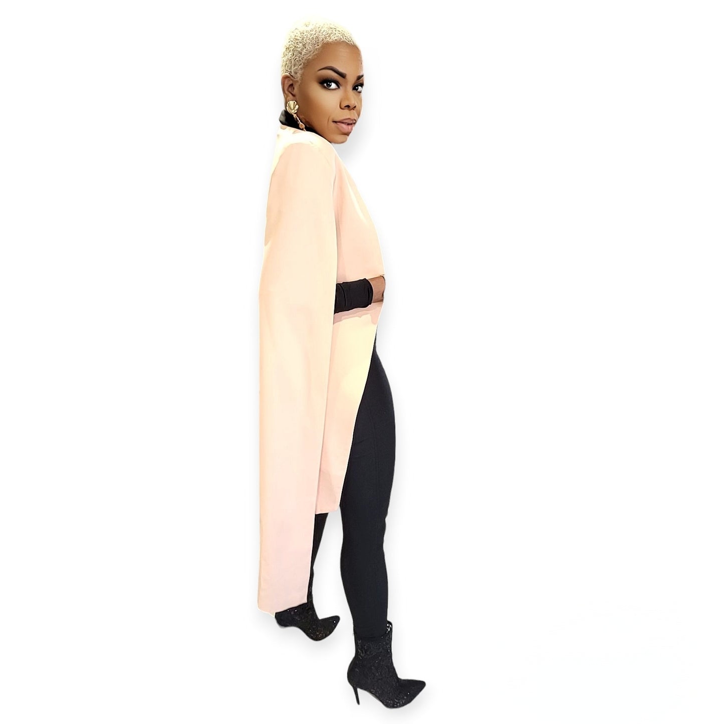 Tanzia Blush Luxe Long Cape Blazer