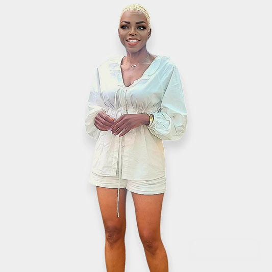 Medina White Cotton Puffy Long Sleeves Blouse & Mini Short Set