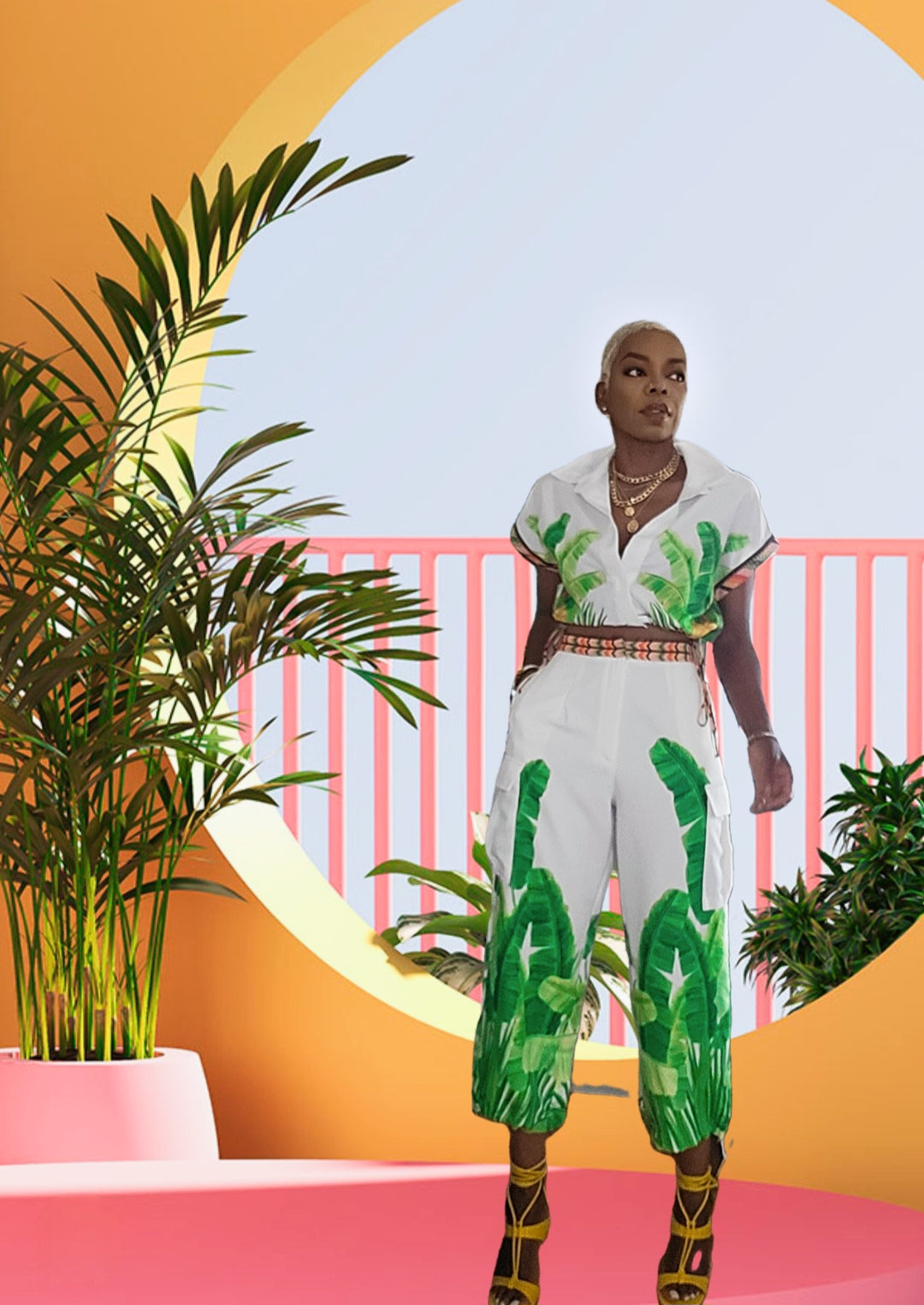 Joan Cream Tropical Crop Top & Joggers Set