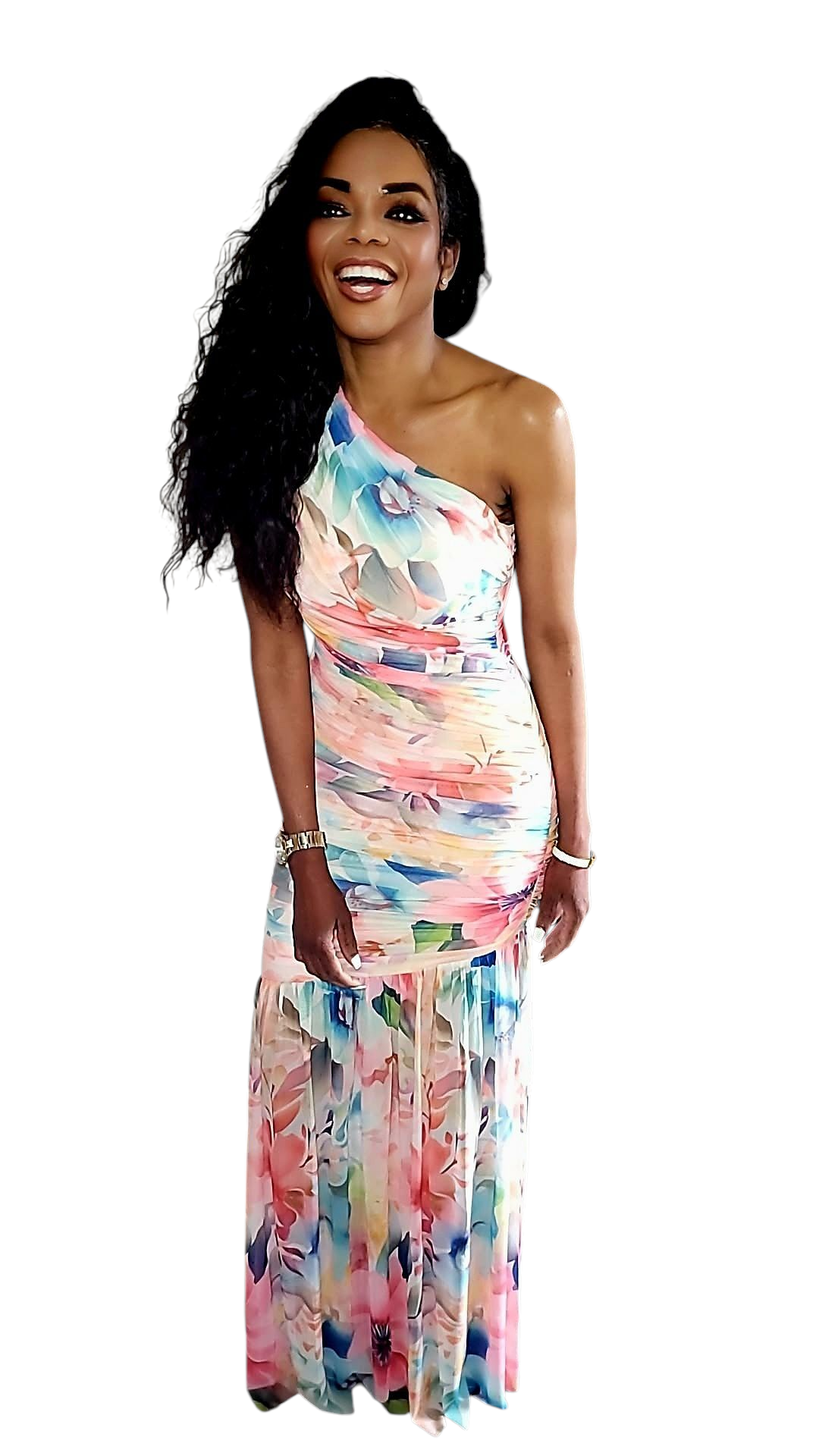 Sabrinia Asymmetric Single Shoulder Floral Maxi Dress