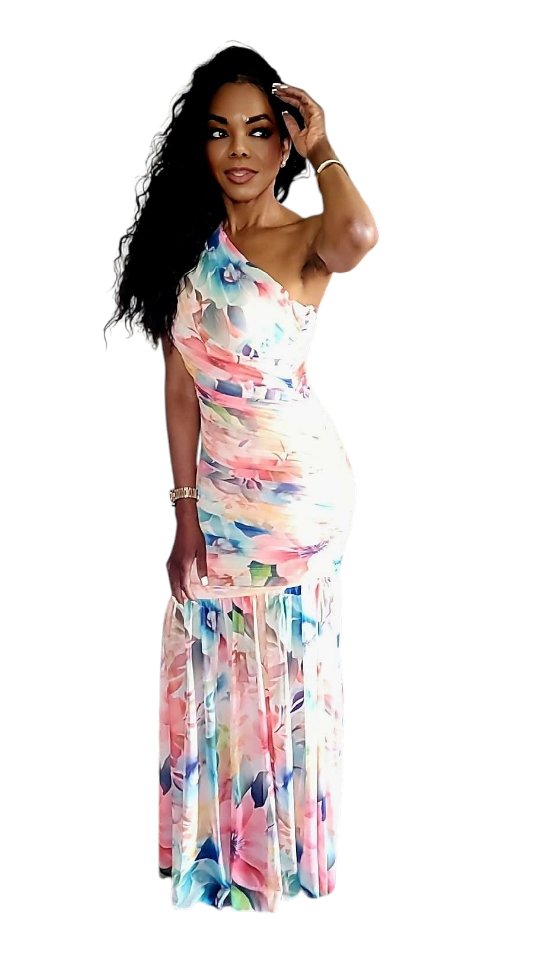 Sabrinia Asymmetric Single Shoulder Floral Maxi Dress