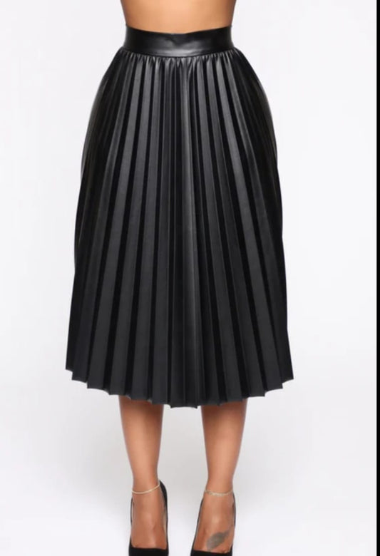 Olivia Black Vegan Leather Pleaded Midi Skirt