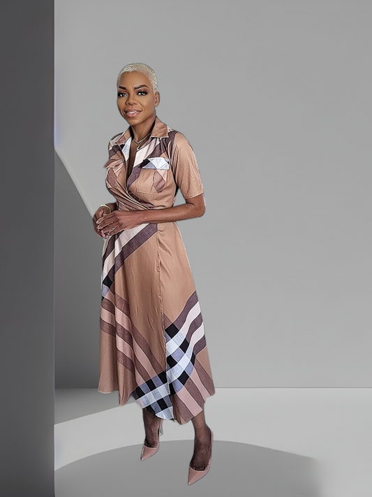 Danora Camel Plaid Print Wrap Maxi Dress