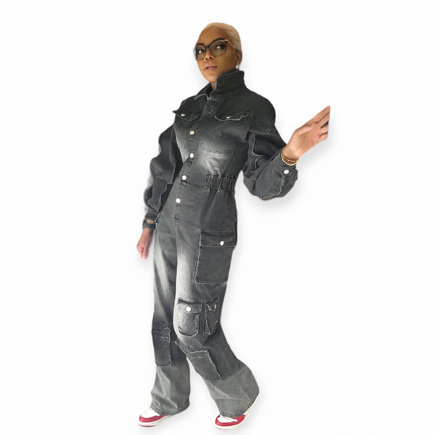 BreAnna Dark Washed Denim Silver Button Cargo Jumpsuit