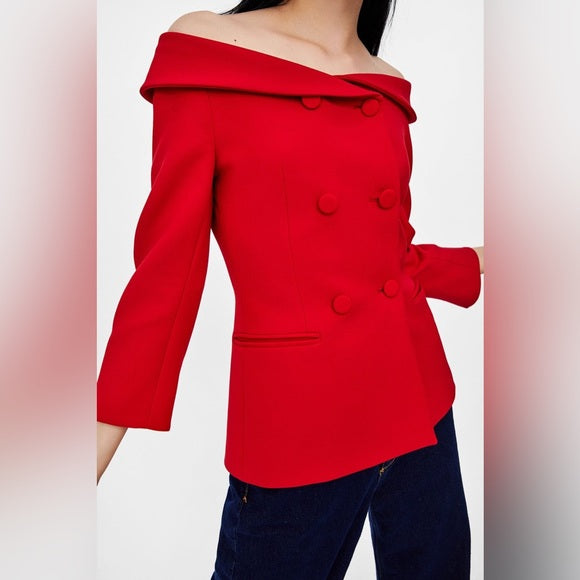 Alicia Red Off The Shoulder Blazer Top