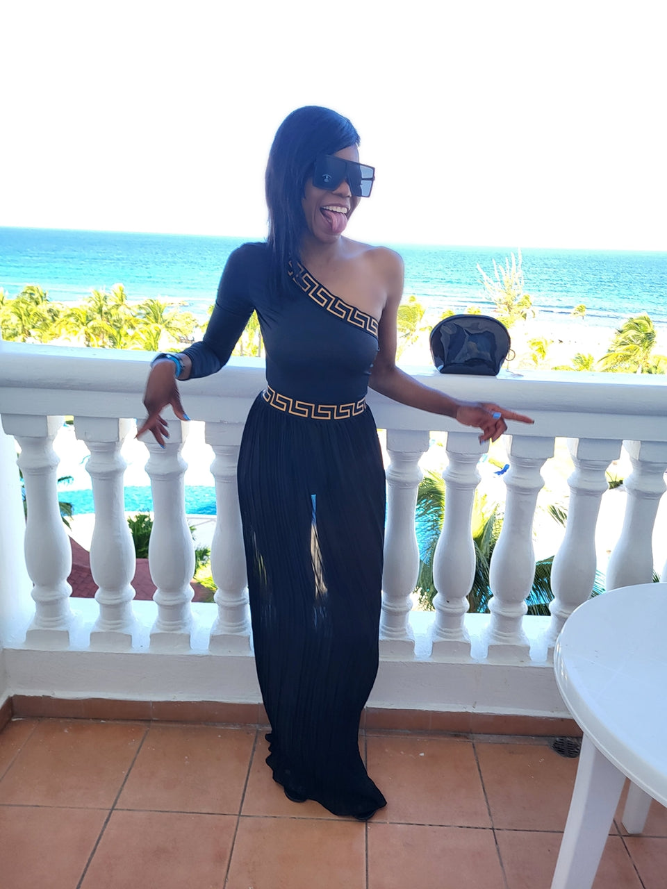 Bahaia Gold Trim Black Bodysuit and Pleated Maxi Skirt Set