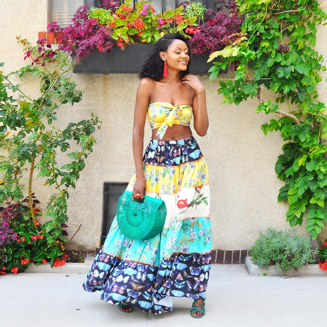 Anaya Yellow Blue Floral Print Two Piece Skirt Set - SKCouture