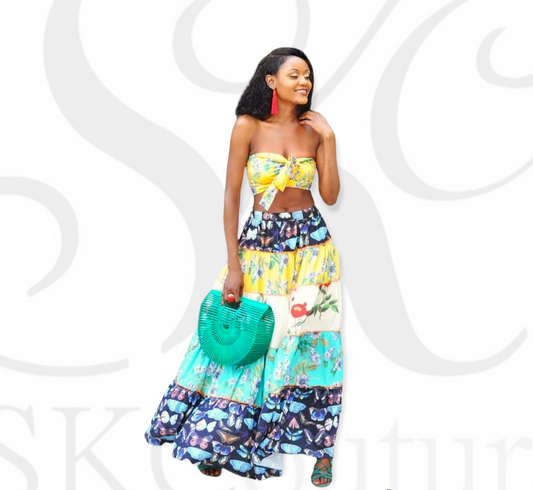 Anaya Yellow Blue Floral Print Two Piece Skirt Set