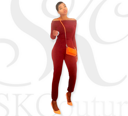 Chavez Ribbed Burgundy Off The Shoulder Jumpsuit