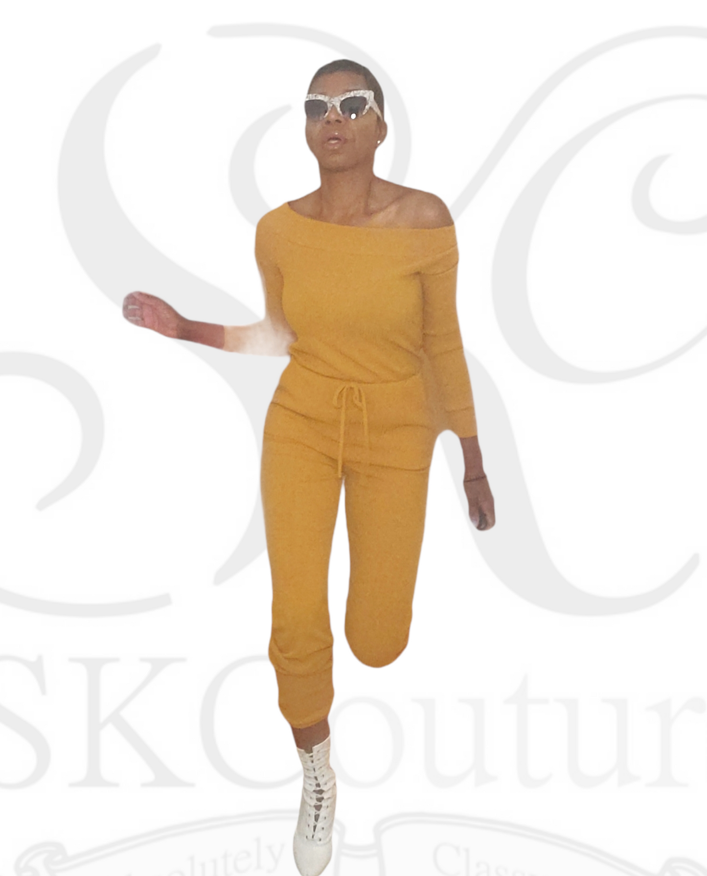 Chavez Ribbed Mustard Off The Shoulder Jumpsuit