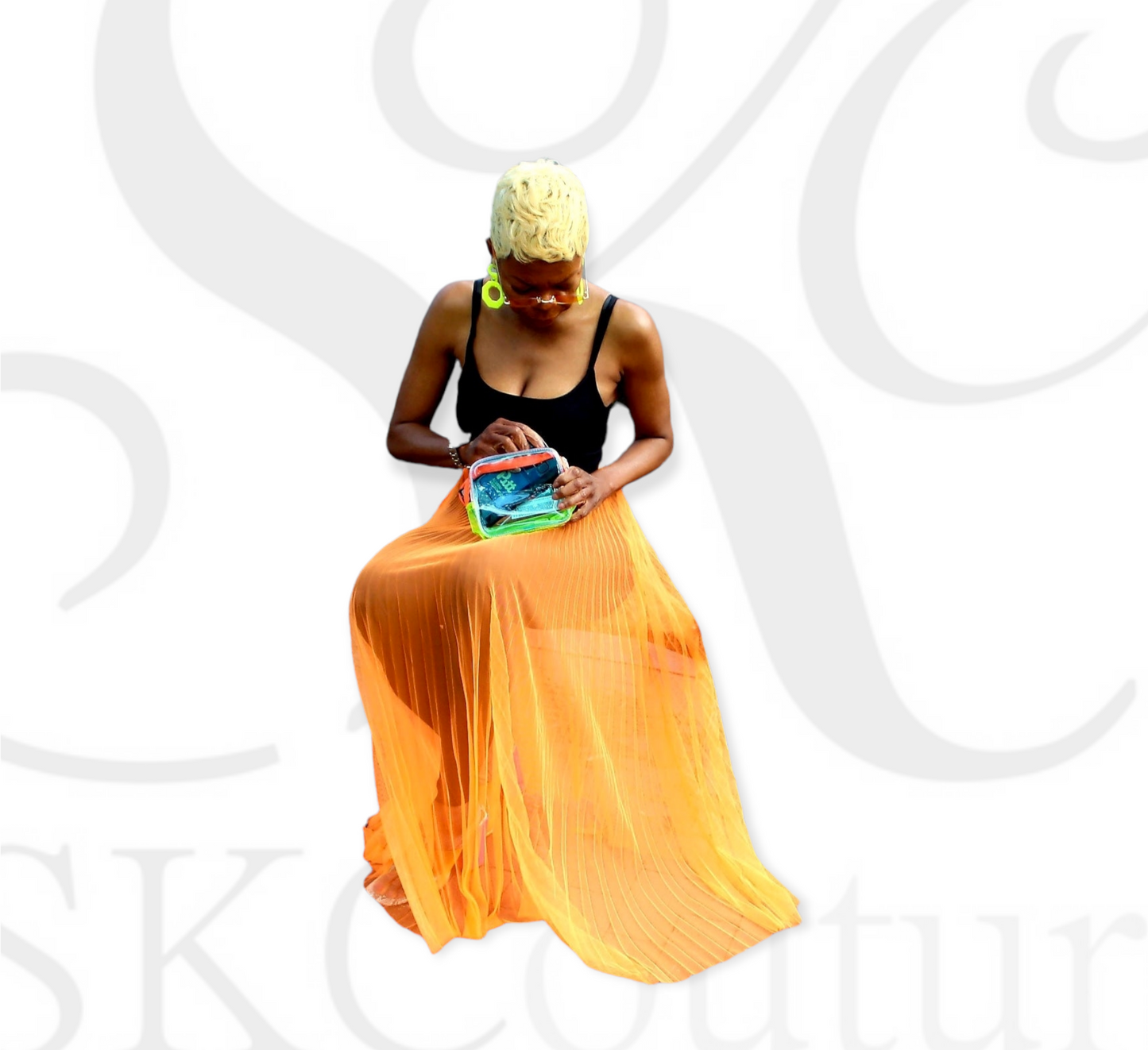 Dacian Sheer Orange Pleated Skirt