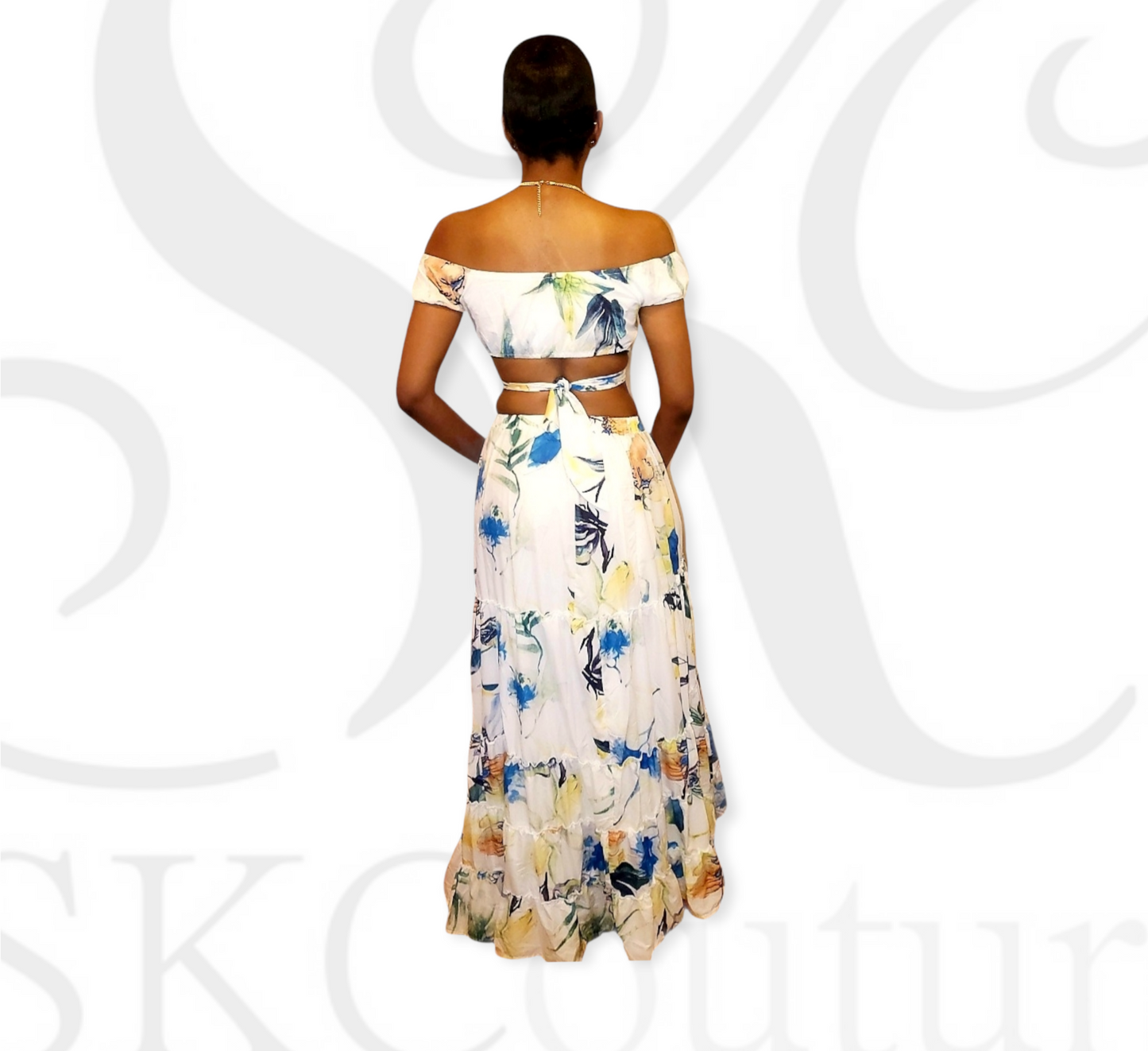 Jade White Green Leaf Print Two Piece Skirt Set