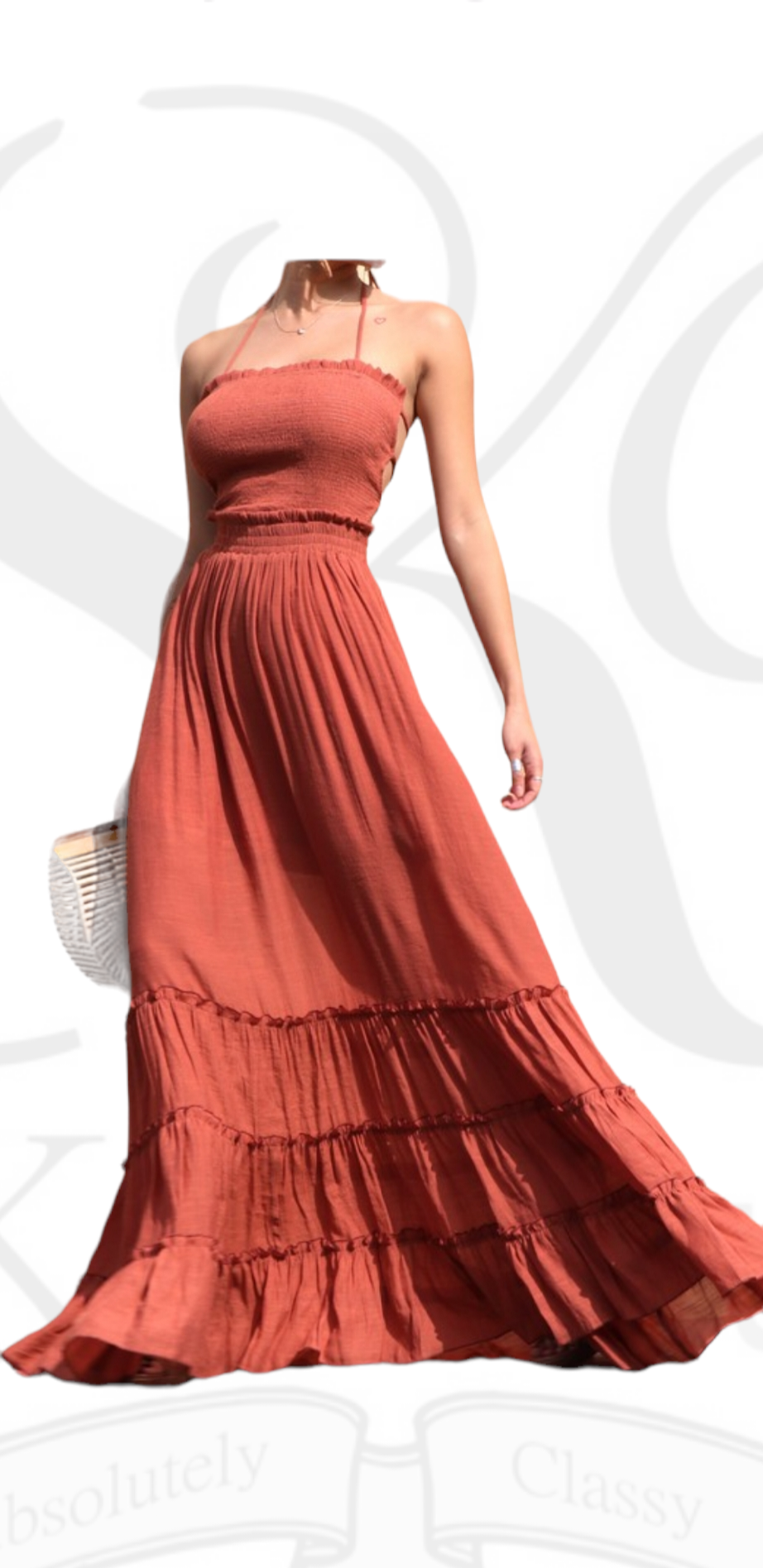 Zaria Moca Smocked Top Strappy Back Maxi Dress
