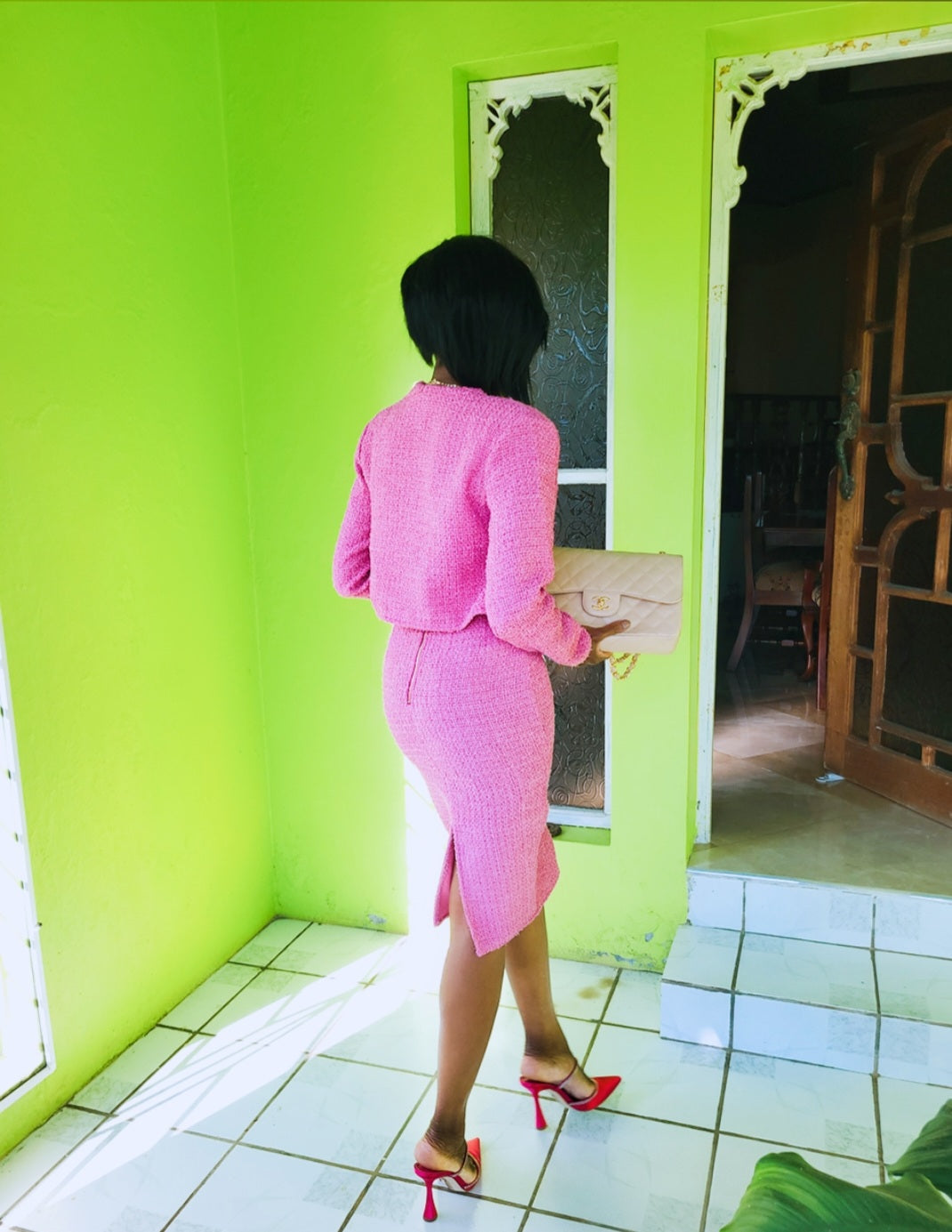 Channela Three Piece Pink Tweed Skirt Set