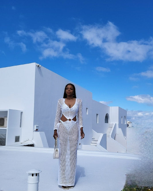 "O" Ring White Crochet Cut out Maxi Dress