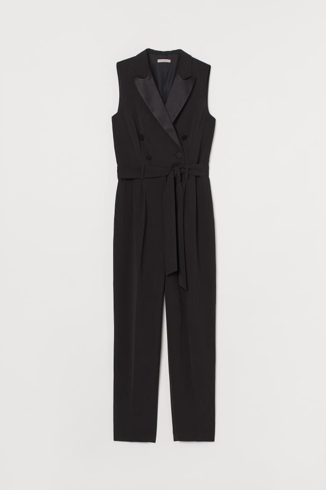 Wamie Black Double Breasted Belted Tuxedo Sleevelees Jumpsuit