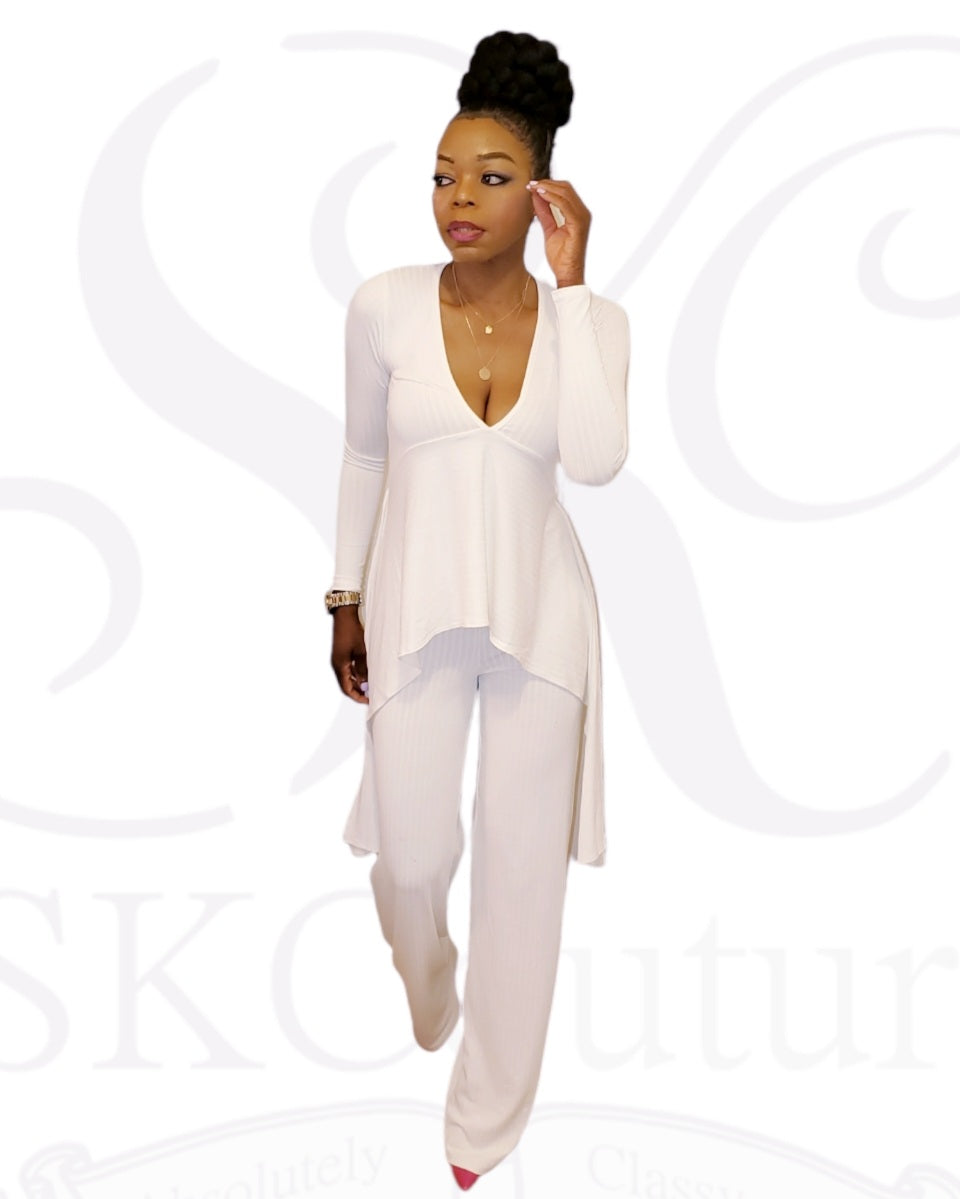 Jazmyn White Ribbed Versatile Top and Pants Set