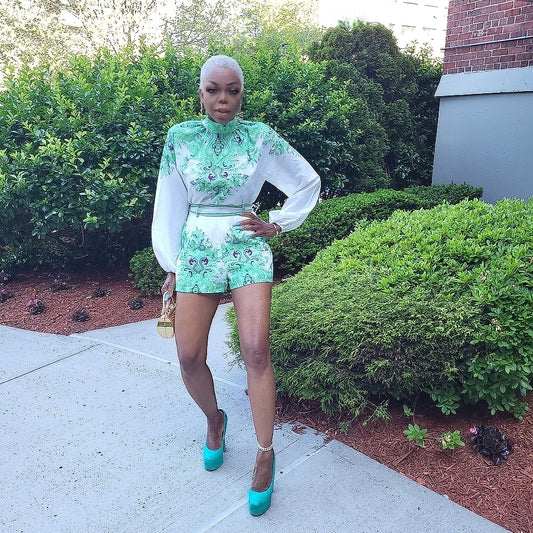 Santori Green Floral Long Sleeves Shorts Set