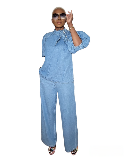 DeShoula Blue Neckline Bow & Wide Leg Pants Chambray Set