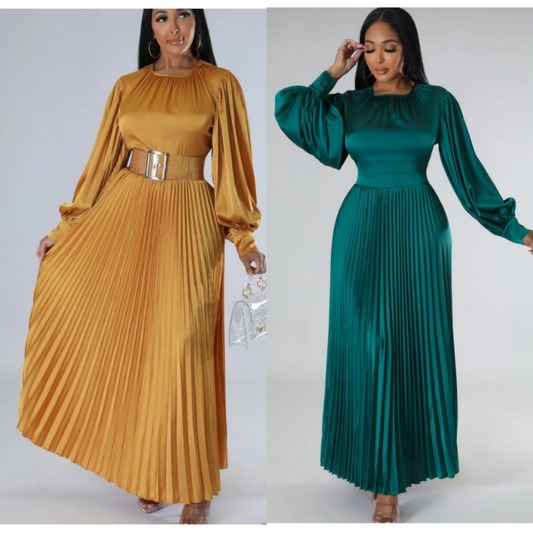 Elaine Green Satin Maxi Pleated Dress
