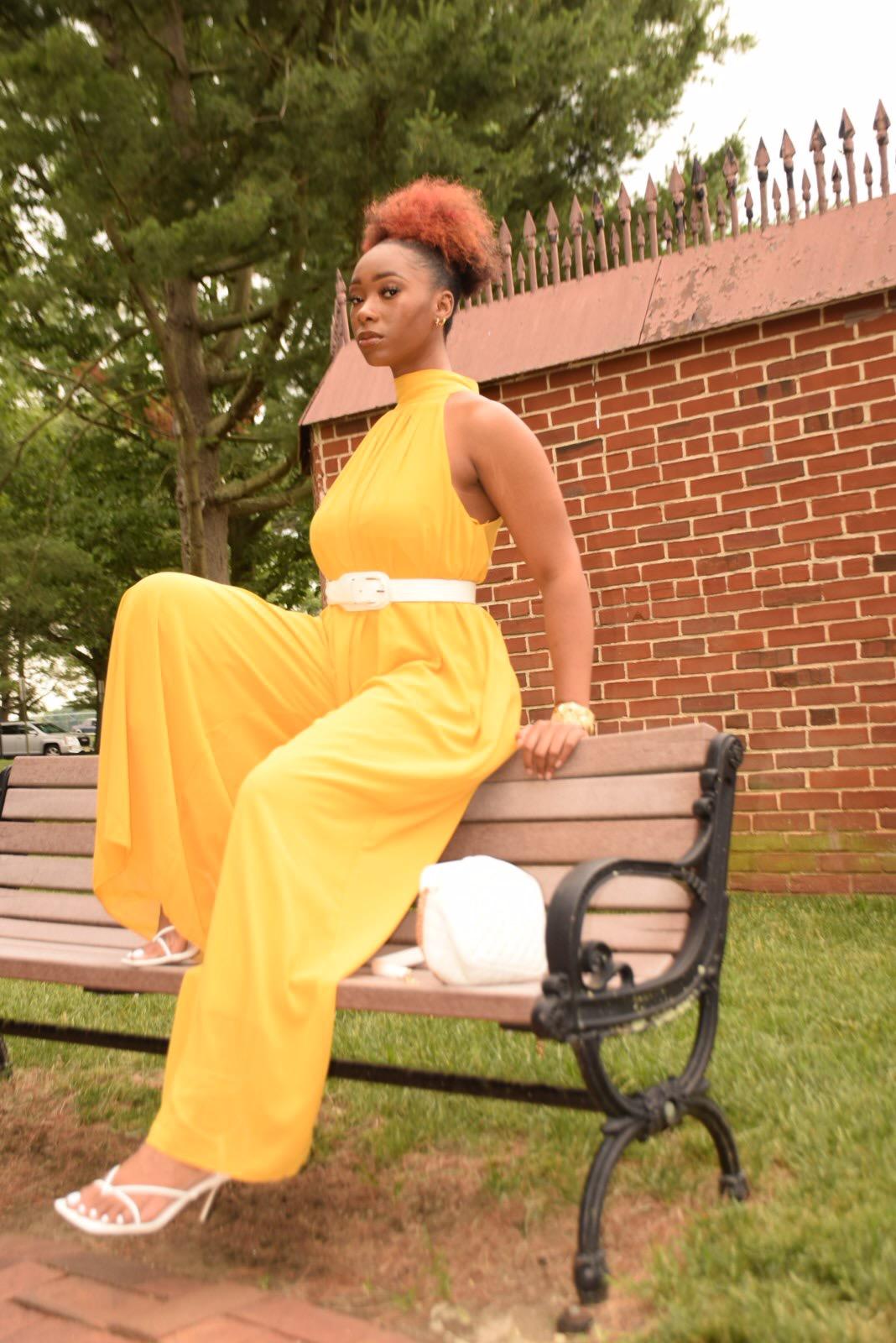 DyMond Halter Neckline Yellow Wide Leg Jumpsuit