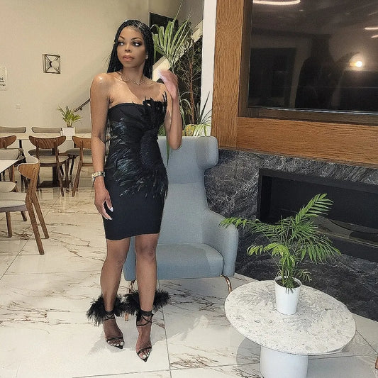 Goddest Black Feather Midi Bandage Dress