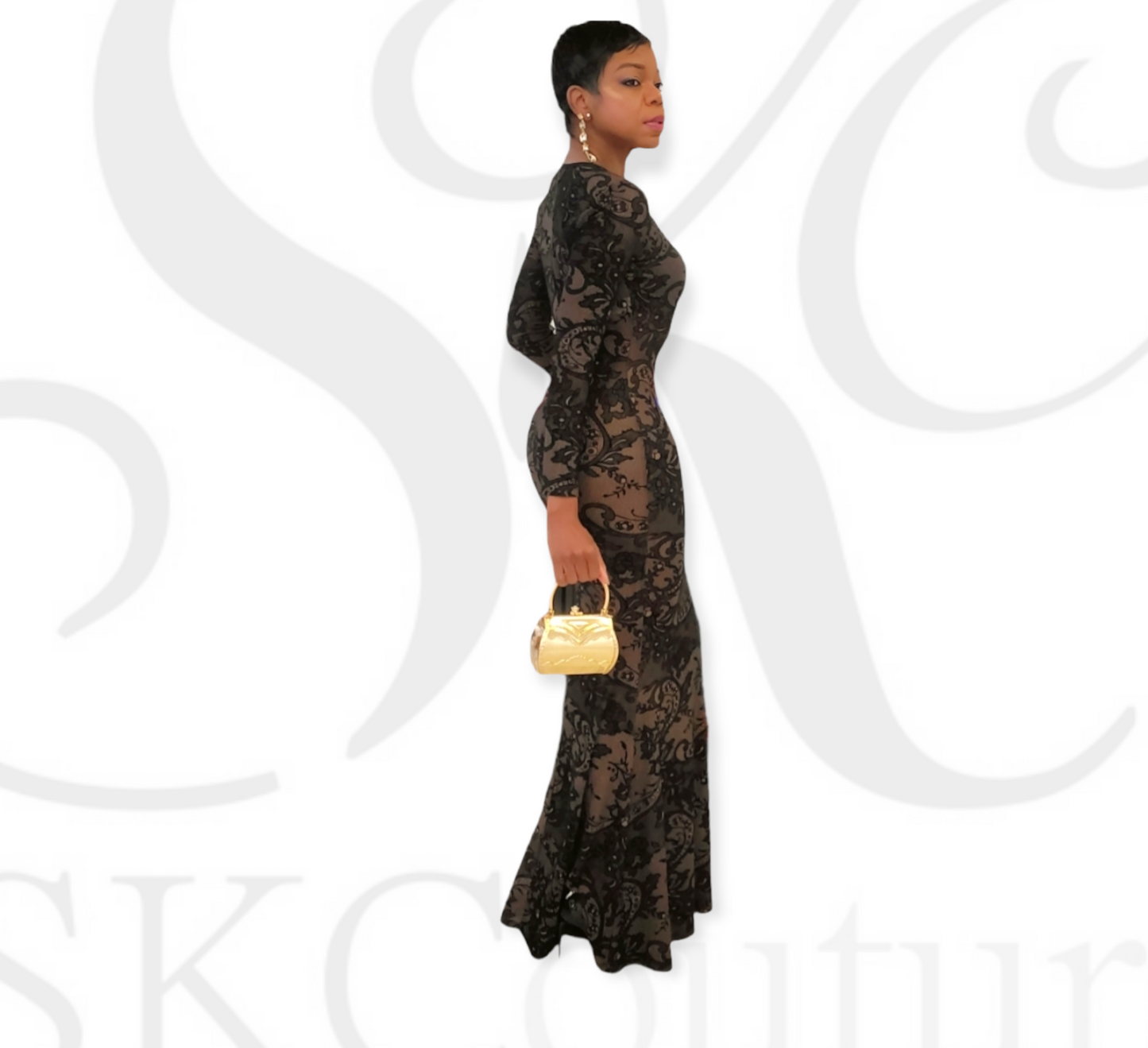Derrion Black Velvet Leopard Print Textured Sheer Maxi Dress