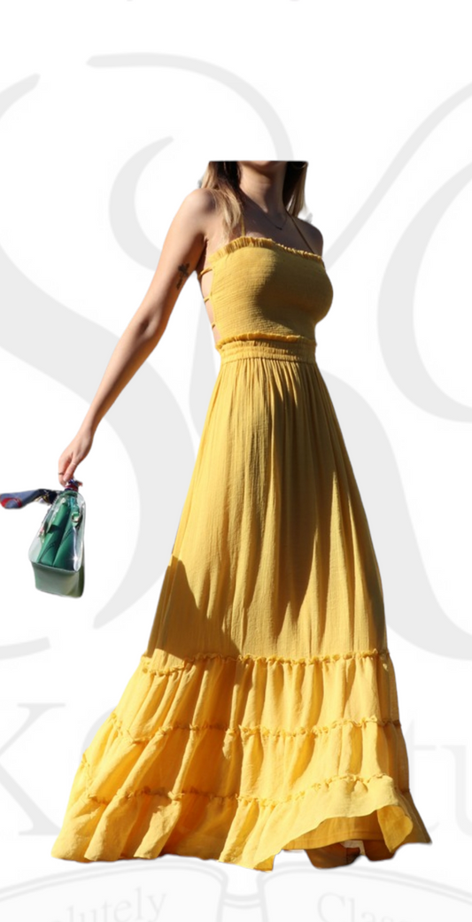 Zaria Mustard Smocked Top Strappy Back Maxi Dress