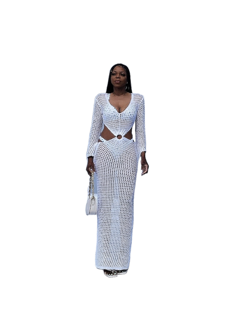 "O" Ring White Crochet Cut out Maxi Dress