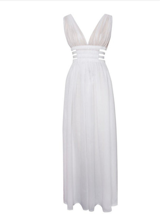 Valley Of Angels White Silk Pleated Cut Out Side Maxi Dress