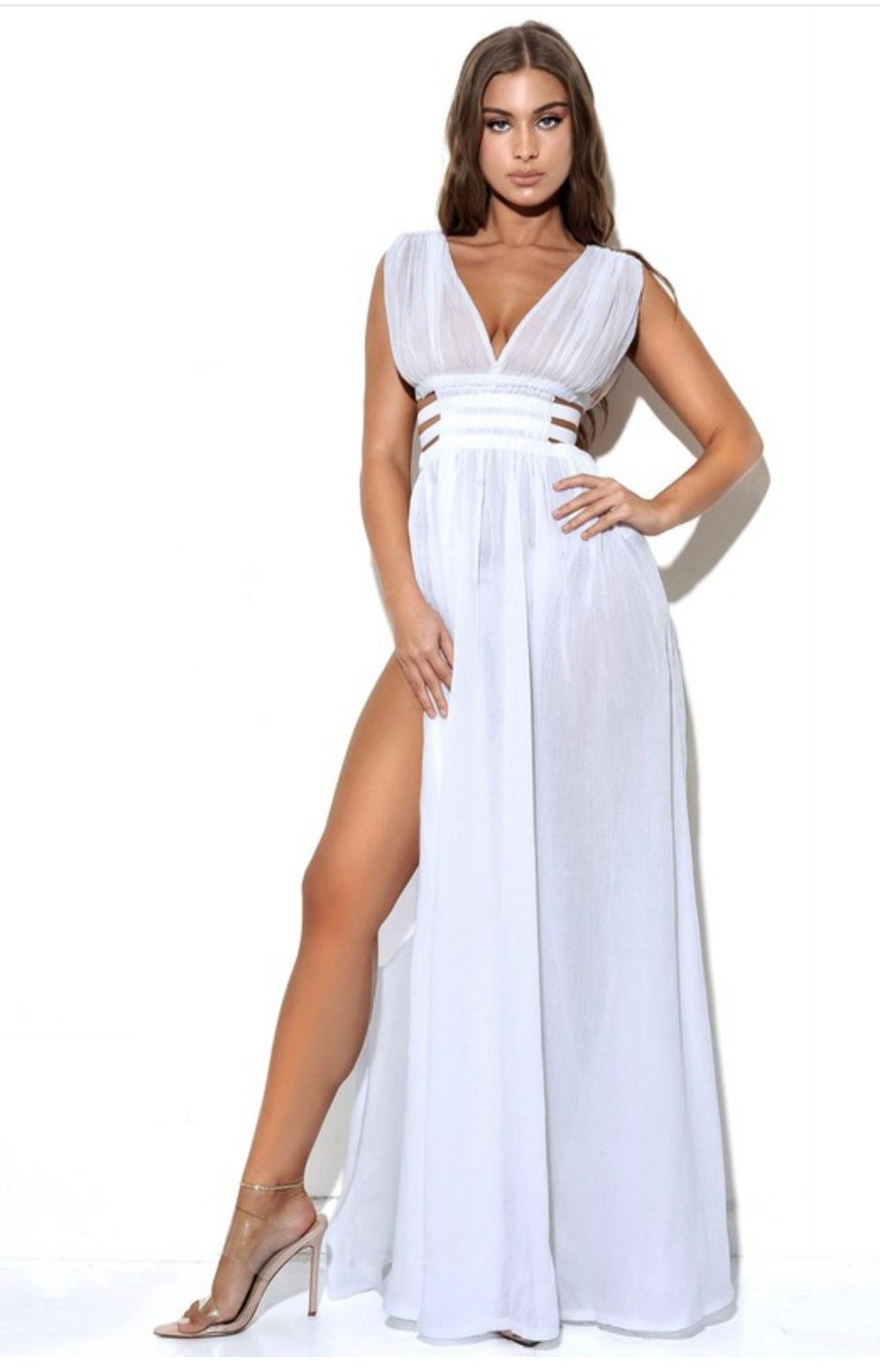 Valley Of Angels White Silk Pleated Cut Out Side Maxi Dress