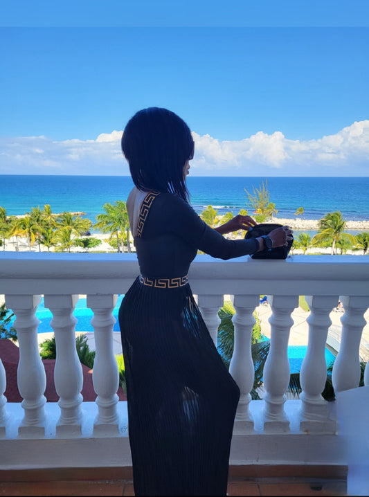 Bahaia Gold Trim Black Bodysuit and Pleated Maxi Skirt Set