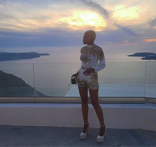 Santorini Half White Floral Long Sleeves Shorts Set