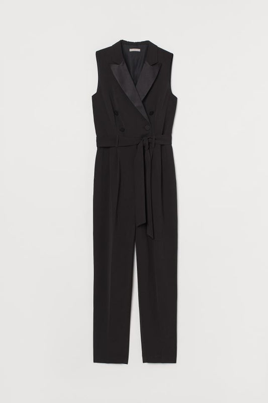 Wamie Black Double Breasted Belted Tuxedo Sleevelees Jumpsuit