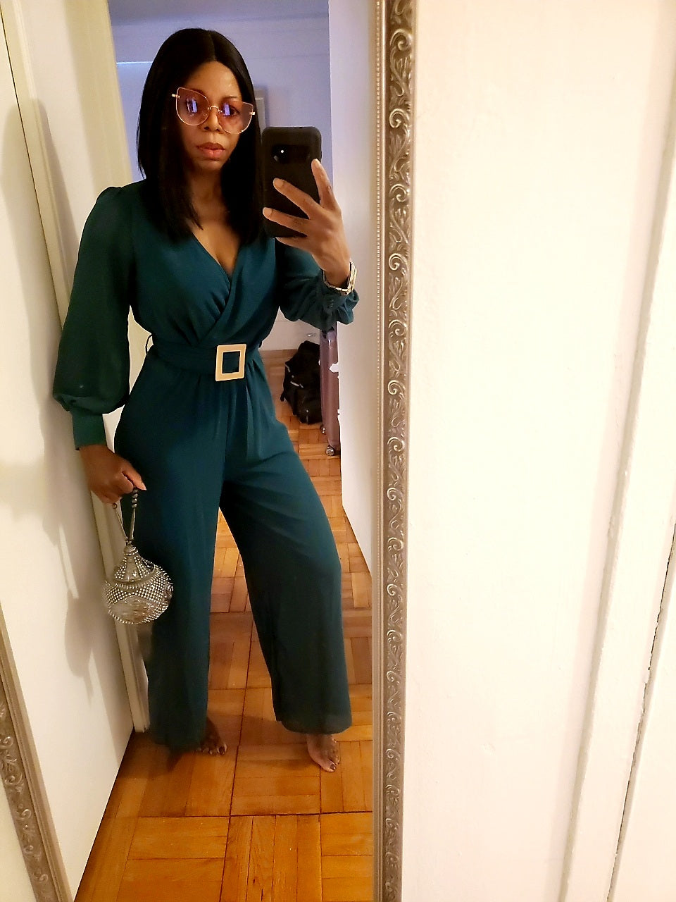 Yanique Emerald Green Faux Wrap Belted Long Sleeves Jumpsuit
