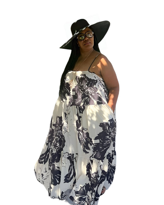 Tranquility Oversized Maxi Black and Light Beige Dress (RESTOCKED)